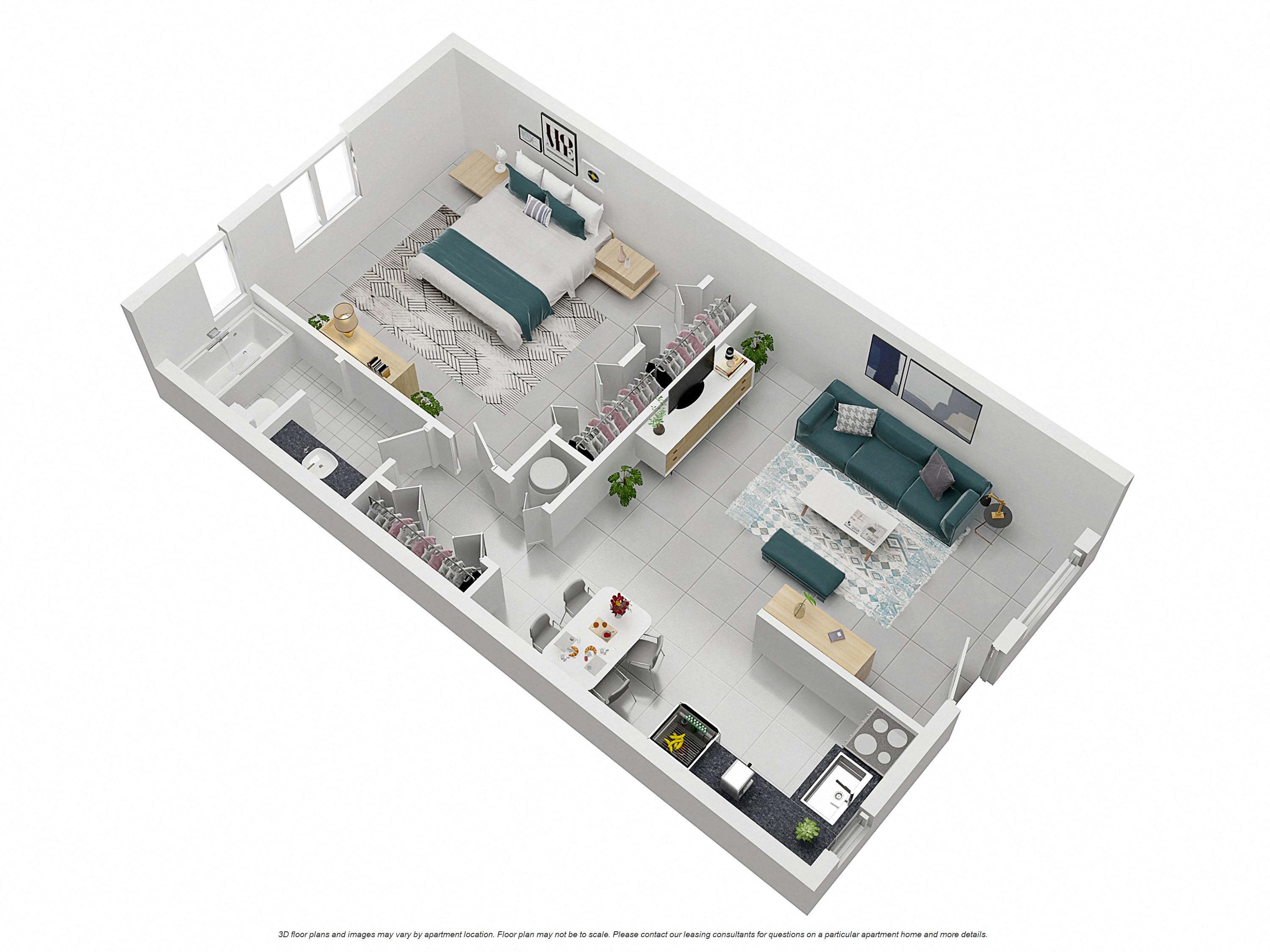 Floor plan for 1 bed, 1 bath, 650 sqft